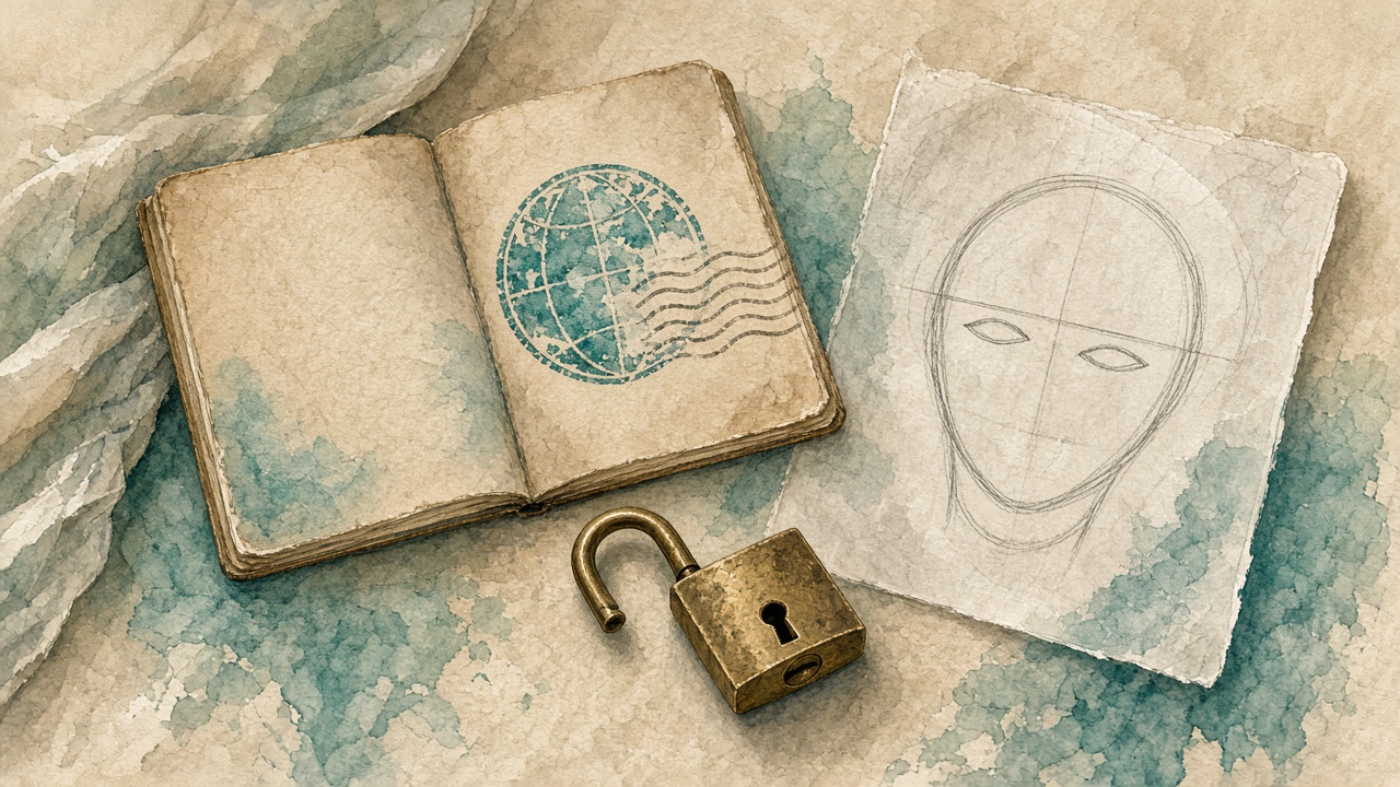 قفل نحاسي مفتوح بجانب جواز وورقة تحقق للوجه، تعبيراً عن فتح حساب انستقرام مقفل احترازياً